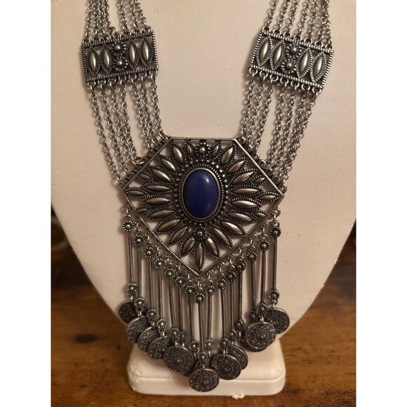 Boho Gypsy Coin Bib Necklace Bold Silver Statement With Blue Stone - Picture 8 of 16